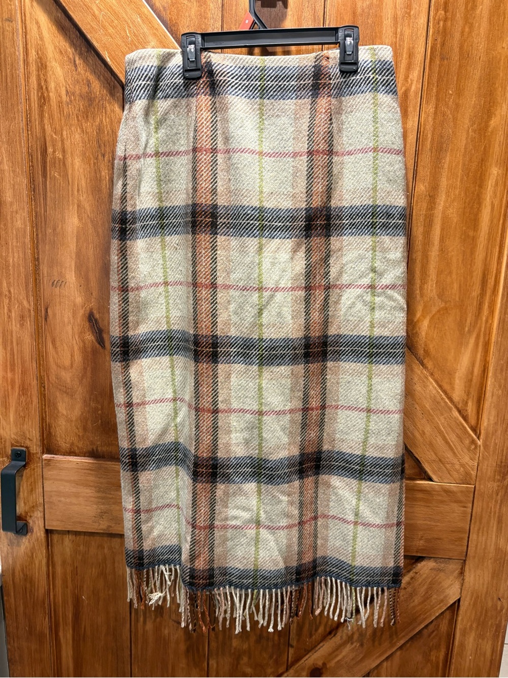 Harold's Cream Plaid Fringe Midi Skirt with Rust and Navy Accents M